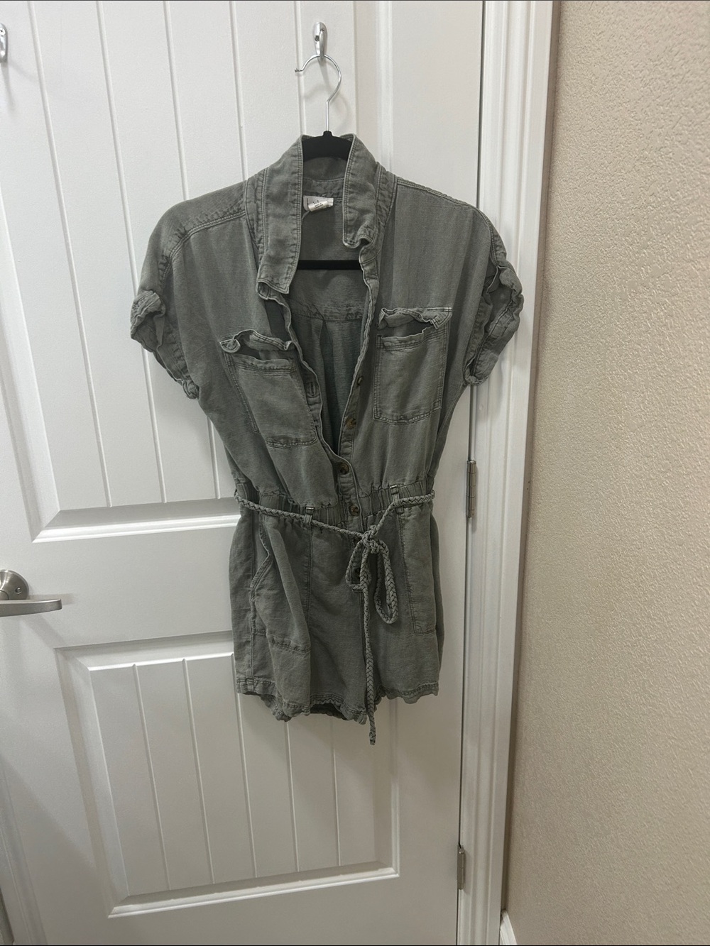 Utility Short-Sleeve romper with Drawstring Waist - Olive Green